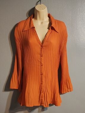 S.L.B Women's Orange Pleated Button-Front Blouse